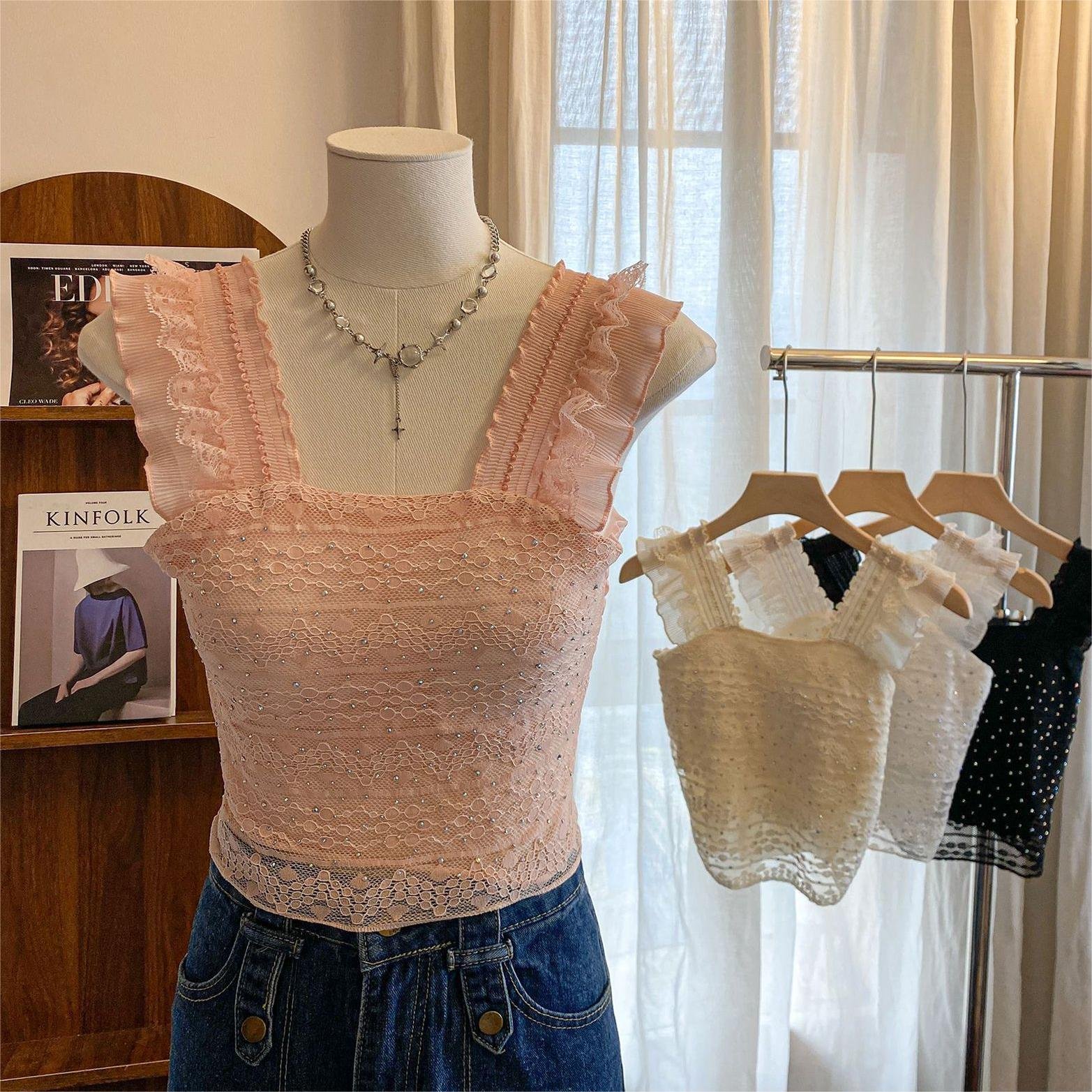 Glitter Beaded Lace Square Collar Top | Flying Sleeve Halter Bra Top