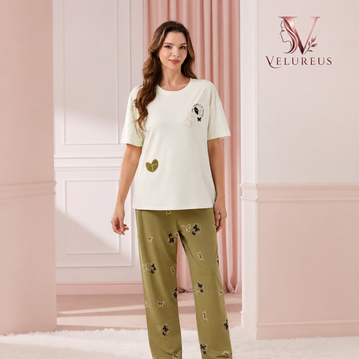 Velureus Butterfly Print Cotton Pajama Set – 3 Colors Available